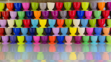 Colorful cups stacked on a glossy shelf