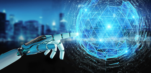 White robot hand using digital triangle exploding sphere hologram 3D rendering