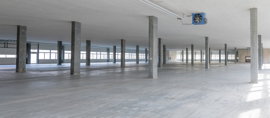 New big empty warehouse hall, panorama.