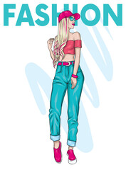 A tall slender girl with long hair in pants, top and cap. Stylish model. Fashionable look. Vector illustration for a postcard or a poster, print for clothes. Fashion, style, clothing and accessories.