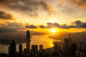 Fototapeta premium Aerial view of Hong Kong City skyline at sunrise