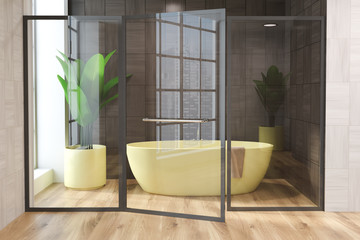 White and black wood bathroom, yellow bathtub
