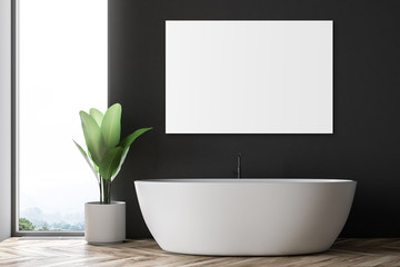 Fototapeta na wymiar Black and gray bathroom interior white tub, poster