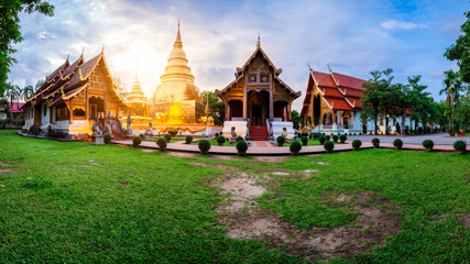 Naklejka premium Panorama of Wat Phra Singh temple. This temple contains supreme examples of Lanna art in the old city center of Chiang Mai,Thailand.