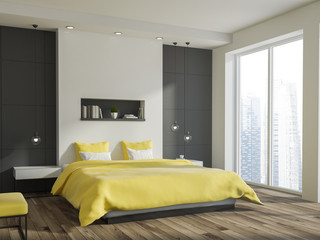 Yellow bed bedroom interior, window
