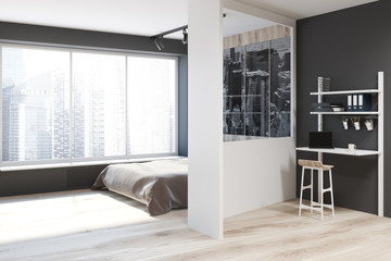Fototapeta premium Scandinavian gray and white bedroom interior, side