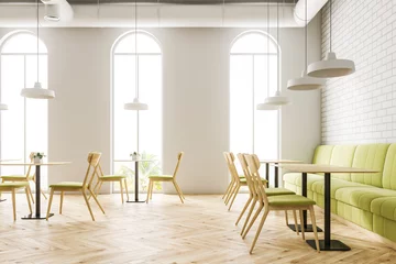 Crédence de cuisine en plexiglas Restaurant Arched windows white brick cafe interior, sofa