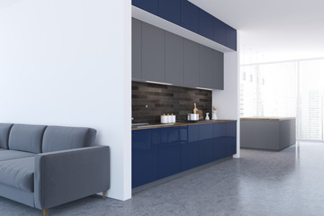 White kitchen corner, blue countertops