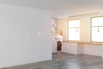 White kitchen corner, mock up wall, woman