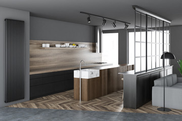 Gray and wooden kitchen corner