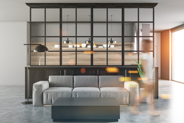 White and black living room, gray sofa, woman