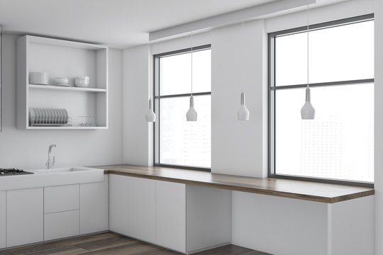 White minimalist kitchen corner