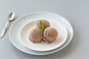 Bowl of chocolate ice cream with mint on white background. 