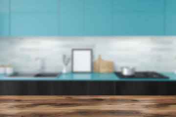White and blue kitchen, countertop blur