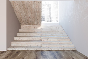 Wooden stairs in a white wall hall, picture