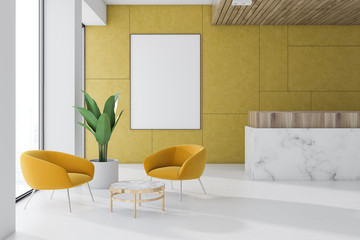 Yellow office waiting room, reception, poster