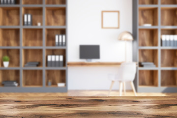 Loft home office interior, white walls blur