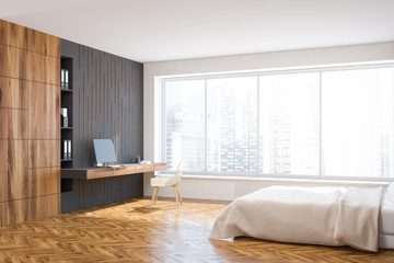 Panoramic white, black, wooden bedroom home office