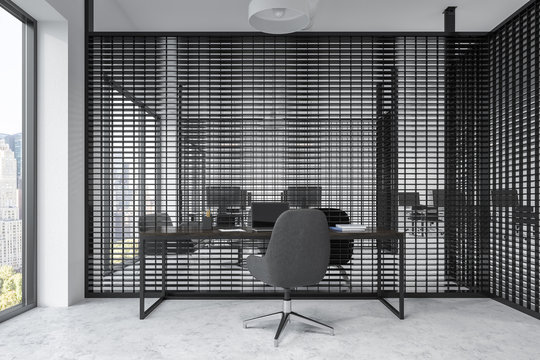 Black panoramic office cubicles, front view
