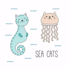 Fotobehang Hand drawn vector illustration of a kawaii funny cat seahorse, jellyfish, swimming in the sea. Isolated objects on white background. Line drawing. Design concept for children print. © Maria Skrigan