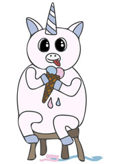 Cute colorful character pig or unicorn eating icecream.
