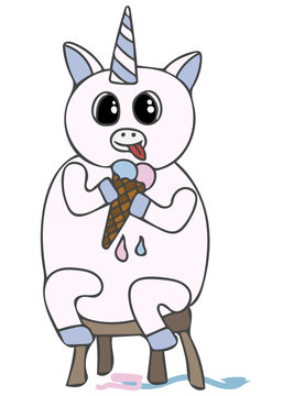 Cute Colorful Character Pig Or Unicorn Eating Icecream.