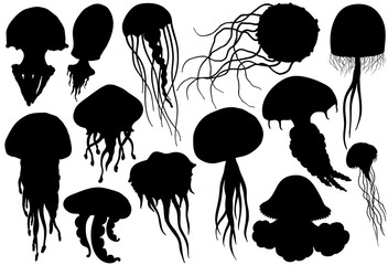 Obraz premium Jellyfish silhouettes set. Sea collection.
