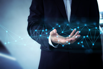 business man and hand with global network cloud storage hologram