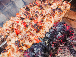 Cooking barbecue pork on the coals. Roasted meat. Junk food.