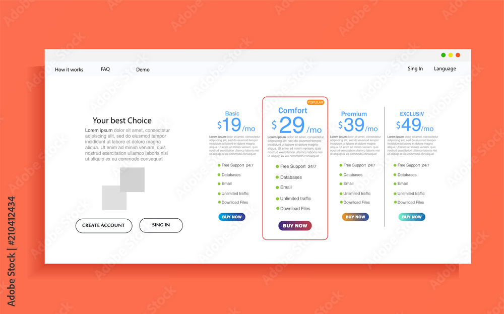Fototapete set of offer tariffs. ui ux vector banner for web app. set of pricing table, order, box, button, lis