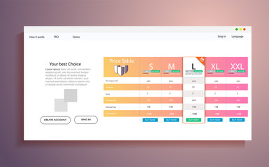Interface for the site. ui ux vector banner for web app. Pastel pricing table, banner, order, box, button, list and bullet with plan for website in flat design