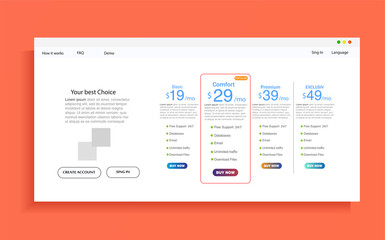 Obraz premium Set of offer tariffs. ui ux vector banner for web app. set of pricing table, order, box, button, list with plan for website in flat design.
