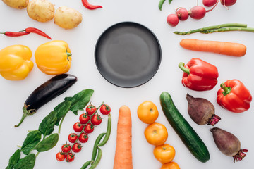 top view of empty round plate and fresh healthy vegetables isolated on white