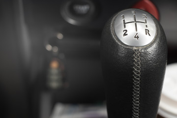 Manual transmission gearshift stick. Close-up view