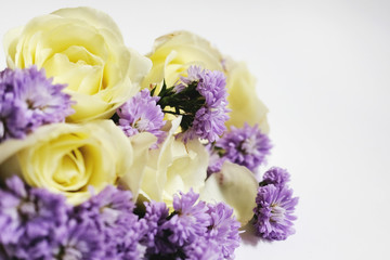 White roses and Purple Marguerite Daisy flowers isolated on white background. Use for Valentine day and ultra violet for 2018 concept background.Copy space