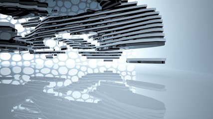 Abstract white and black interior multilevel public space with window. 3D illustration and rendering.