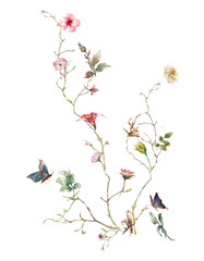watercolor painting of leaves and flower, on white background