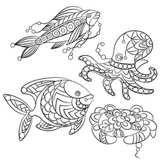 Set of sea animals in vector graphic illustration  in coloring pages for children and adults