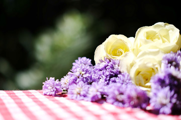White roses and Purple Marguerite Daisy flowers on red checkered tablecloth in green bokeh nature garden background.Ultra violet for 2018.Use for Valentine day and holiday concept.Copy space.