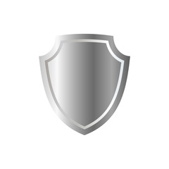 Silver shield shape icon. 3D gray emblem sign isolated on white background. Symbol of security, power, protection. Badge shape shield graphic design. Vector illustration