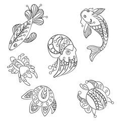 Coloring pages in vector graphic illustration for children and adults with ocean animals