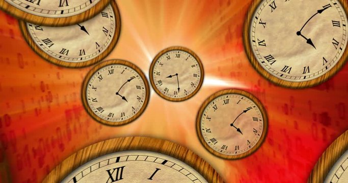 Time Flowing Back On Flying Clocks In Abstract Space. Surrealistic Concept Animation Of Back In Time Travel.