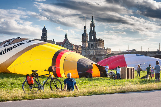 Preparing for the flight of balloons on a summer day, the city of Dresden, Saxony, in Germany