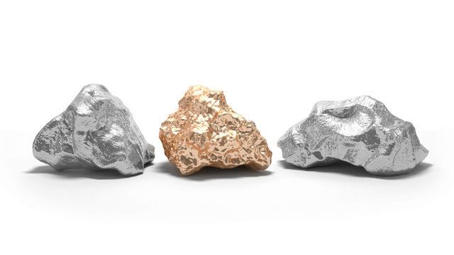 Silver and gold nuggets on a white background. 3d render