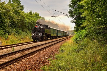 Obraz premium Beautiful old Czech train with steam locomotive. Concept for retro, travel and train travel. Train tracks and a cruise train in the countryside.