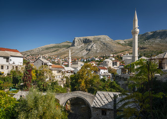 old town houses and mosque view in mostar bosnia
