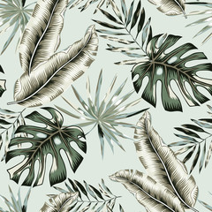 Green banana, monstera palm leaves background. Vector seamless pattern. Tropical jungle foliage illustration. Exotic plants greenery. Summer beach floral design. Paradise nature.