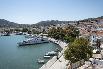 Panorama of the city of Skopelos with the harbor, Sporades, Greece.