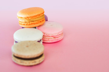 Set of colorful French macaroni cakes. Sweet almond cookies with different flavors.