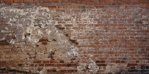 Old Vintage Red Brick Wall With Crashed White Plaster Texture Background